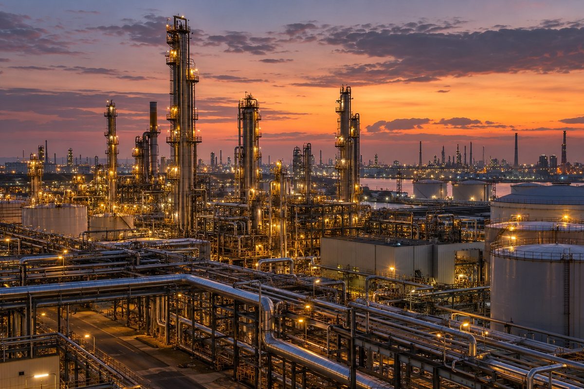 Raffineria di petrolio al tramonto