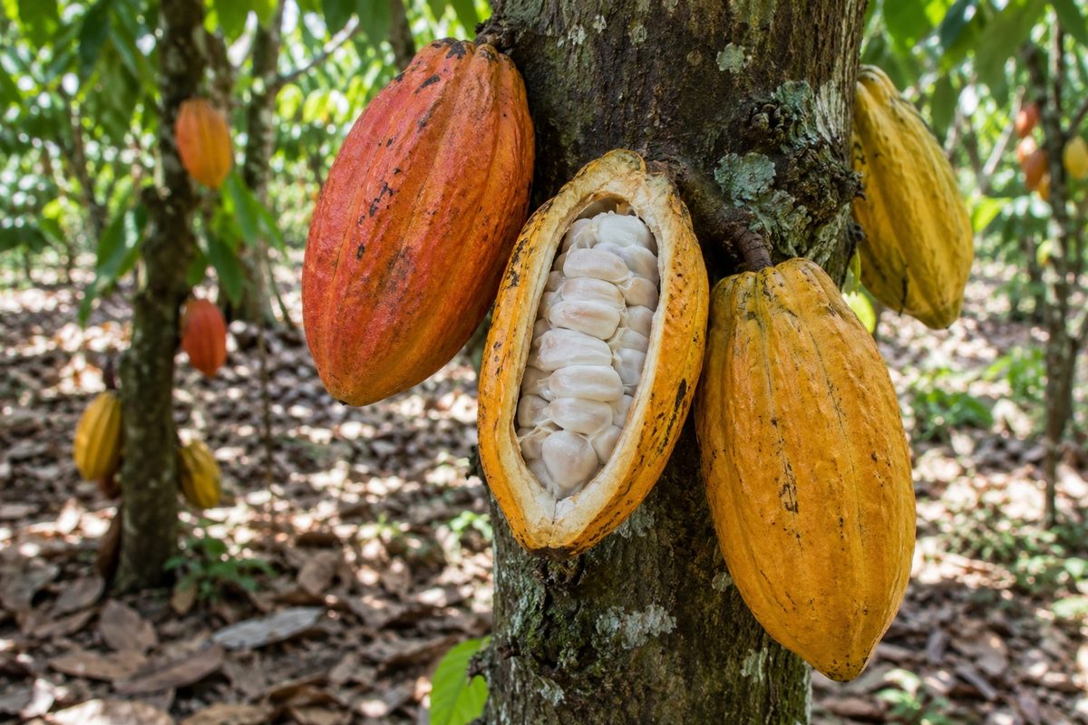 Frutti di cacao aperti su una piantagione