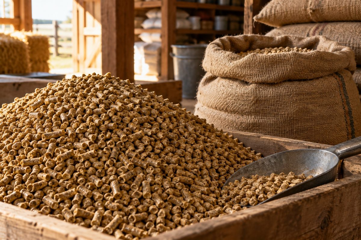 Mangime a base di farina di soia in un allevamento