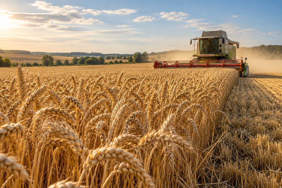 Campo di grano maturo con mietitrebbia